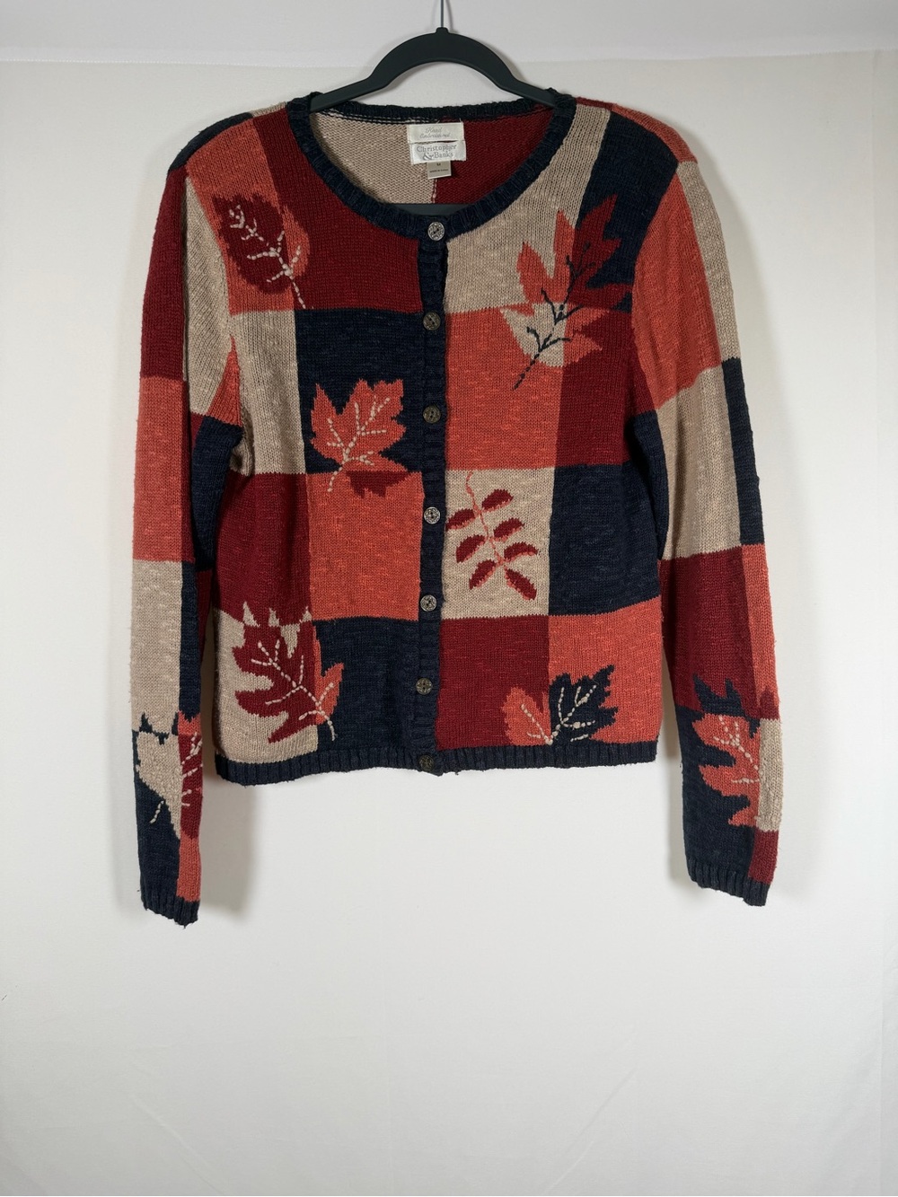 Vintage Y2K Fall Novelty Patchwork Leaf Cardigan Sweater Cottage, Cozy, Granny